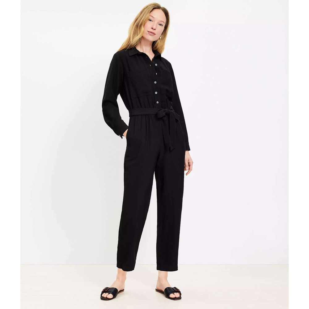 LOFT Jumpsuit Womens 10 Black Fluid Utility Belted Shirt Jumpsuit 752918